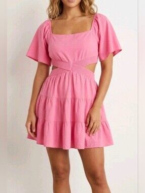 Shy Velvet Pink Square-Neck Cutout Tiered Mini Dress -Small